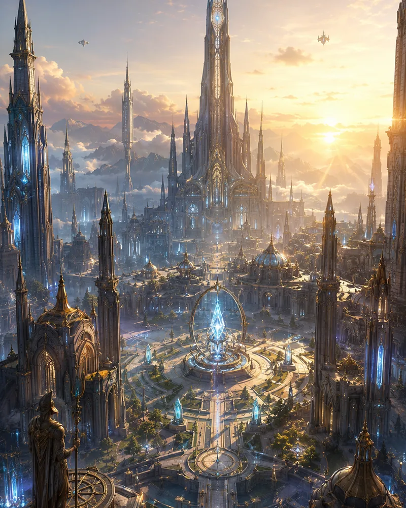 High City at dawn with a luminous civic plaza and tall spires.