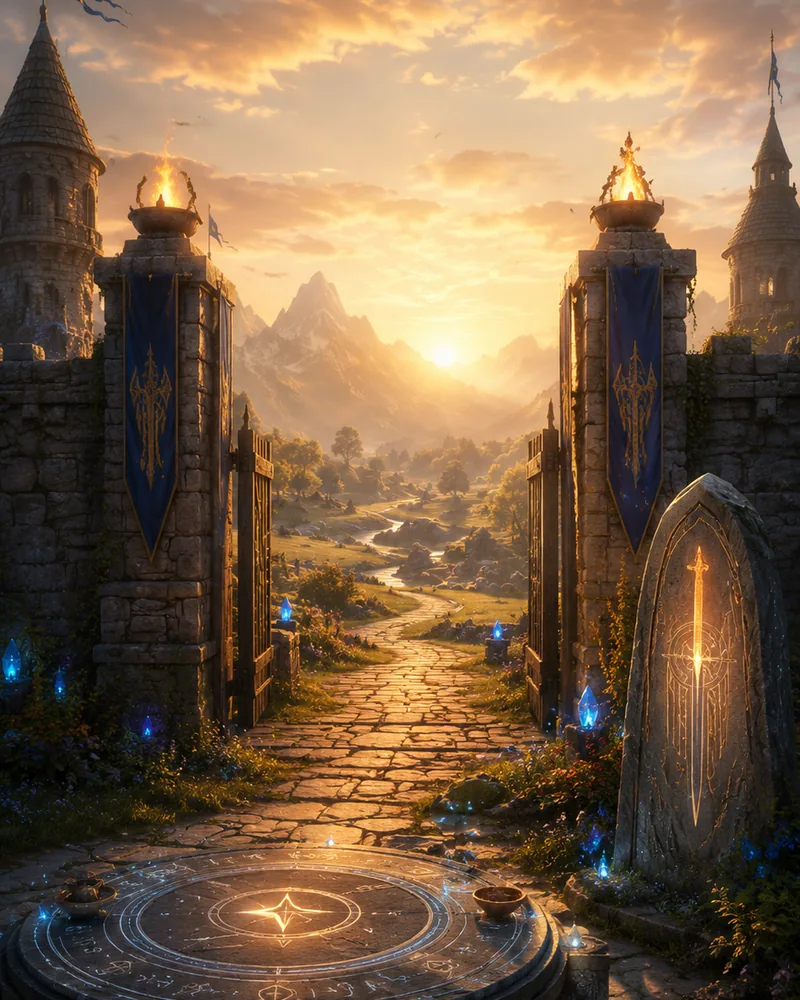 Rookguard gate with a glowing runestone table and an open path.
