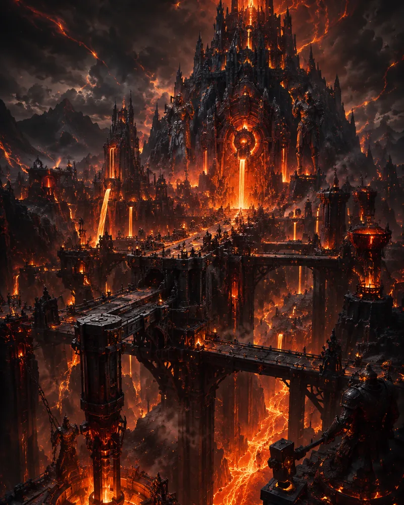 Forgehold, a volcanic forge fortress with lava channels and bridges.