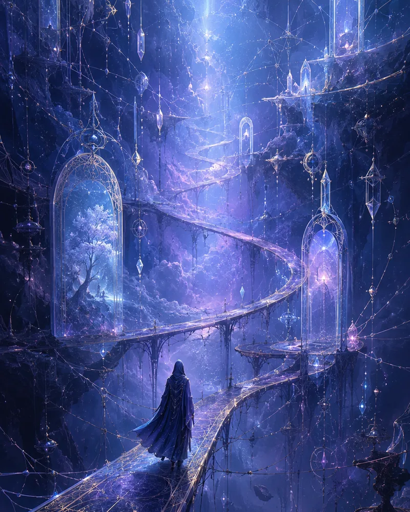 The Liminal Web with astral bridges and blue memory gates.