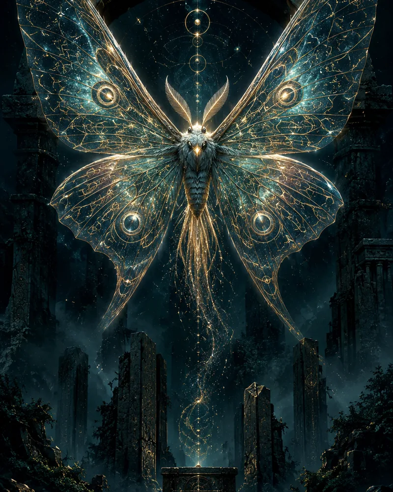 A luminous Witness Moth above ancient ruins.