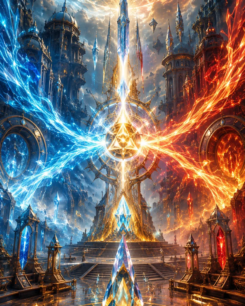A crystalline nexus where blue, fire-red, and golden streams converge.