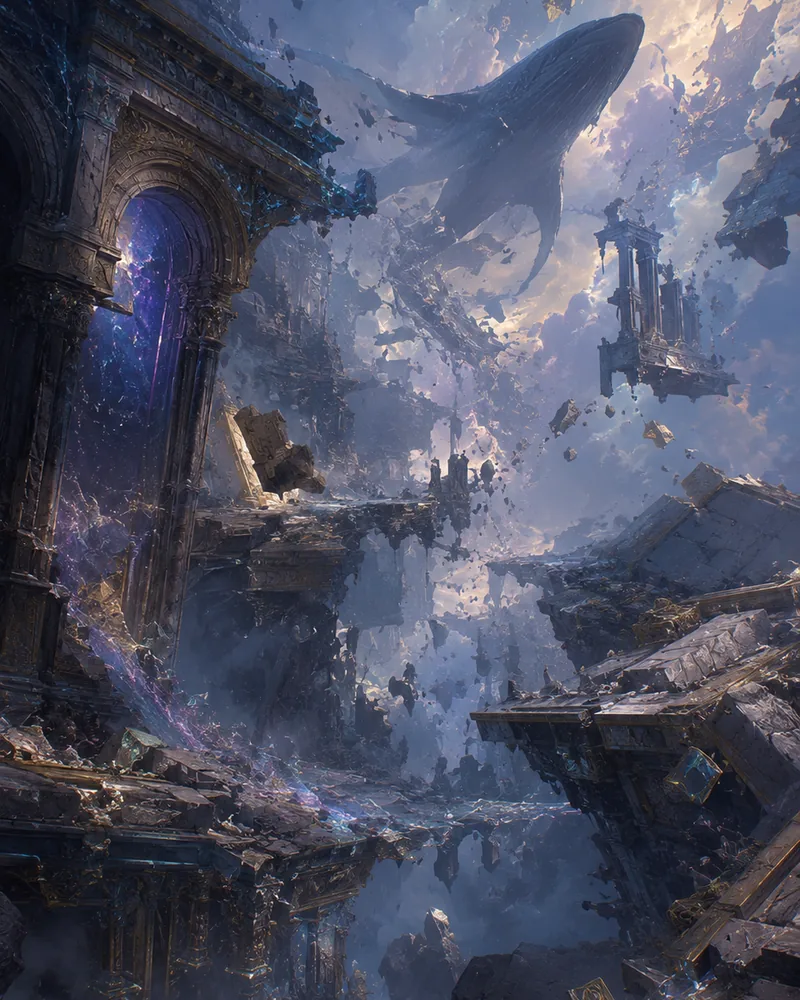 A shattered sky city with floating ruins and a distant whale-like shape.