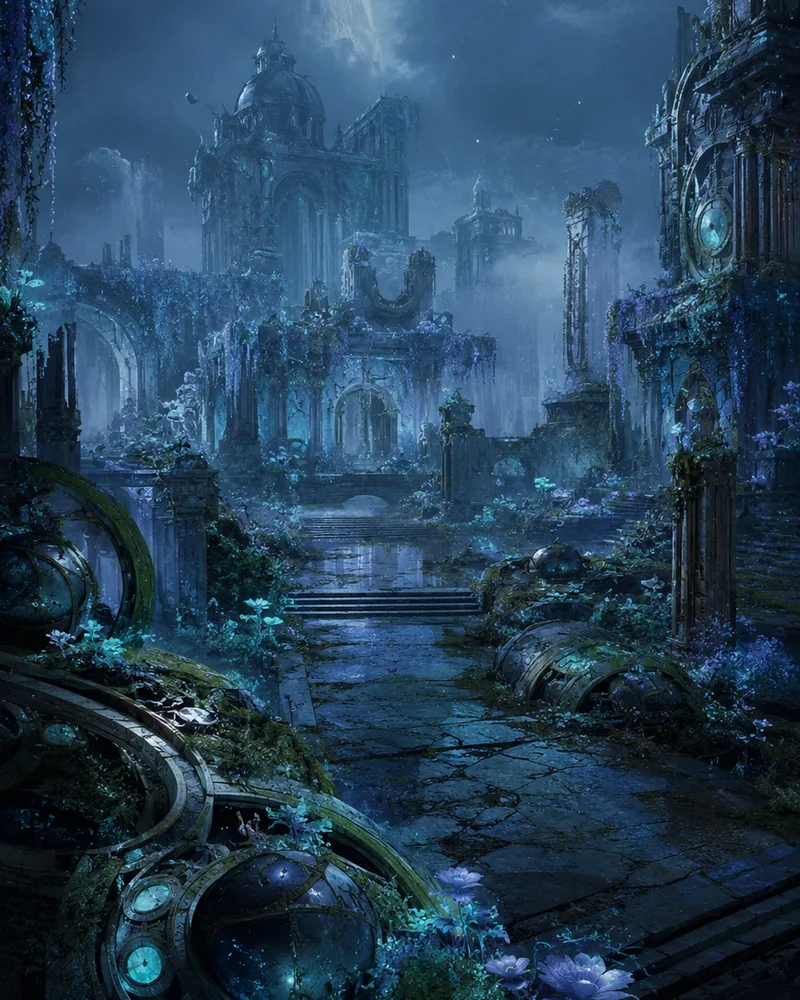 A moonlit abandoned city with fog, ruins, and bioluminescent plants.