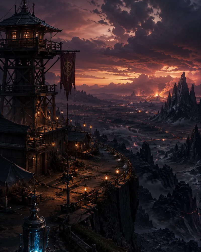 A rugged cliffside watchtower overlooking a dark volcanic frontier.