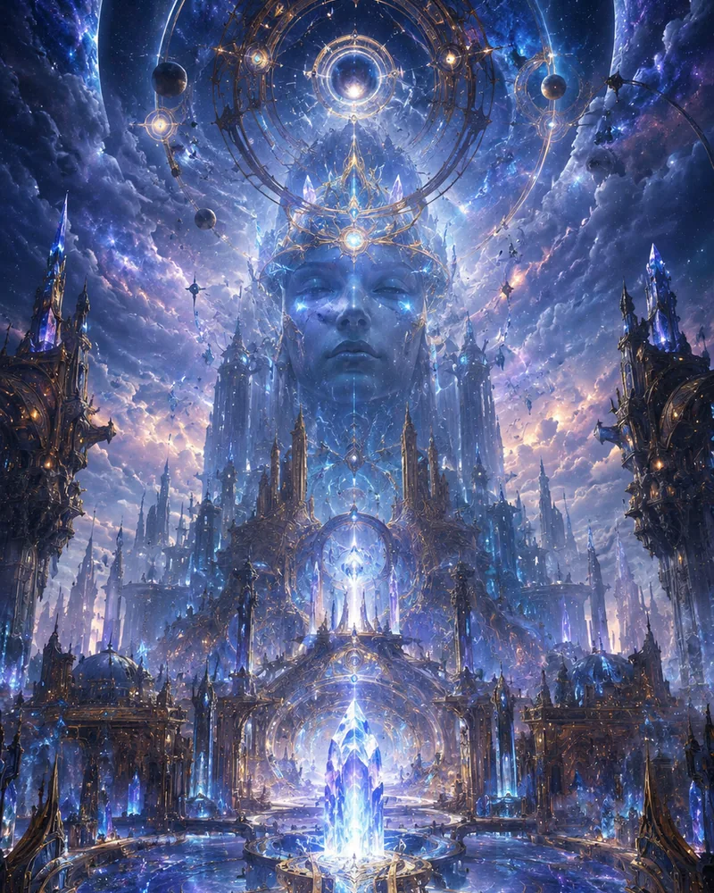 VaultCore Prime beneath cosmic machinery and a vast world-mind presence.